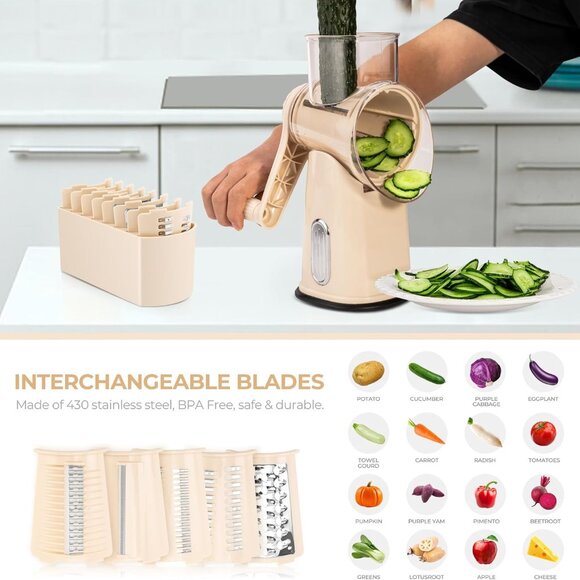 Rotary Cheese Grater w/Handle &5 Blades, Round Slicer & Vegetable Grater - Picture 3 of 8